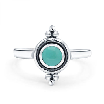 Petite Dainty Round Solitaire Ring Simulated Turquoise Band Oxidized Braided 925 Sterling Silver